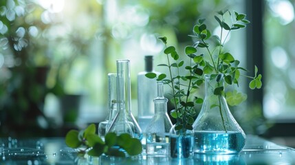 chemistry lab on glass counter with plant and liquid