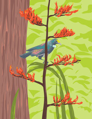 Art Deco or WPA poster of a Chatham Island tui, a large honeyeater bird native to New Zealand perching on a Phormium tenax, harakeke or New Zealand flax done in works project administration style.
- 700341365