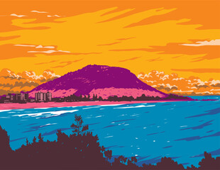WPA poster art of a white sand surf beach at dusk in Mount Maunganui located in Tauranga, Bay of Plenty, New Zealand done in works project administration or federal art project style. - 700341379