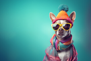 Modern stylish dog wearing a hat, colorful scarf and yellow sunglasses. Adorable trendy hippie pet. Creative animal concept banner. Pastel blue background banner with copy space. Birthday invitation  - obrazy, fototapety, plakaty
