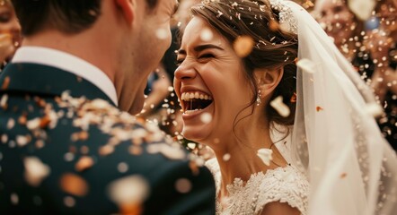 bride and groom smiling and in joy after being confetti - obrazy, fototapety, plakaty