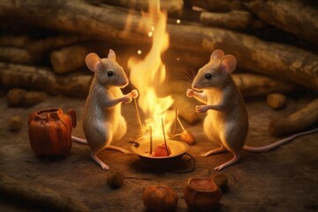 Two mice standing near a fire. Generative AI
