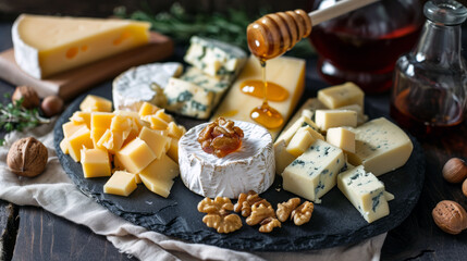 Delicious cheese slices from different types on the festive serving table. The concept of catering. - Powered by Adobe