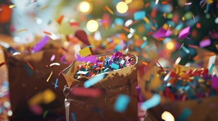 colorful birthday confetti flies from paper bags,