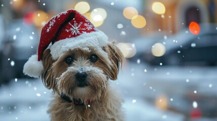 Charming puppy in a Christmas hat, shallow depth of field
