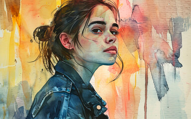 Watercolor painting of portrait of a modern teenage girl (Generative AI)