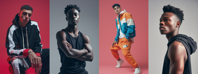 Four men in trendy athletic wear pose confidently against vibrant red backgrounds, showcasing modern urban style and diversity.