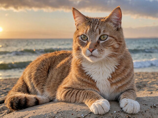 Ginger cat lying on the beach by the sea at sunset
