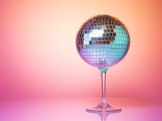 Disco ball in martini glass against gradient pastel background. Party concept