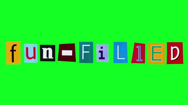 The word fun-filled on green screen in cartoon style stop motion loop animation ready to make logotype. Editable title with adjective meaning cheerful and festive on alpha channel. Ads promo theme