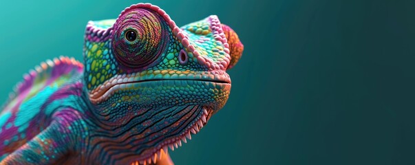 Obraz premium Chameleon portrait with green background.