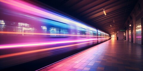 Fototapeta na wymiar Train with pastel lights rushing through empty subway station