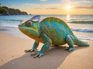 Tafelkleed Green chameleon on the beach at sunset © Perfect-AI