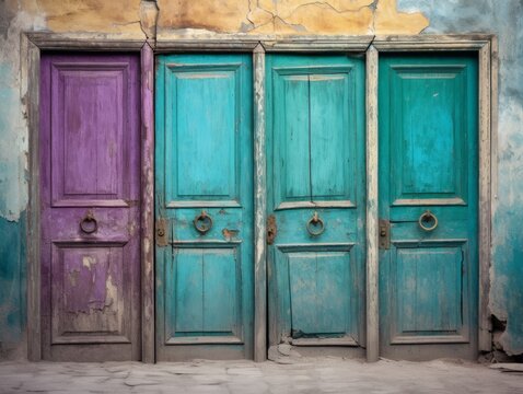 vintage and old five doors. One door is purple color, other are turqoise on turqoise fassad --ar 4:3 --v 5.2 Job ID: 16f72851-4e6d-40a8-ab47-06216bd76bfa