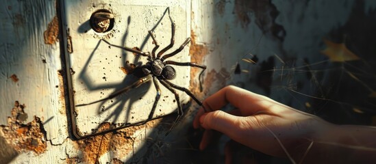 A spider sits on a wall, a hand presses the switch, Zoropsis spinimana.