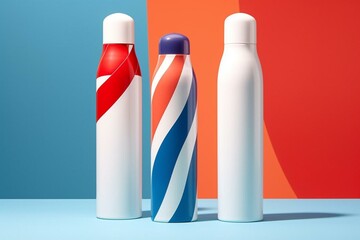 Conceptual design of a sunscreen lotion bottle in red, white, and blue. Generative AI