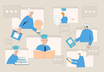 Elderly men and women learning online. Senior aged people education. Older adults students and graduates. Retirement science community.