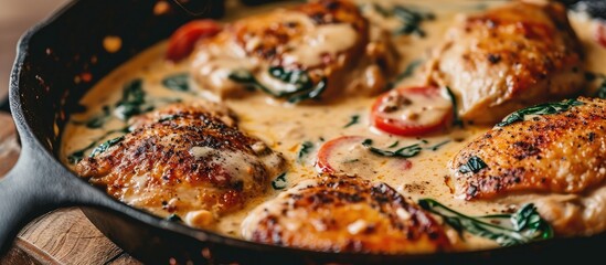 Close-up of Creamy Tuscan Chicken cooked in a cast iron pan.