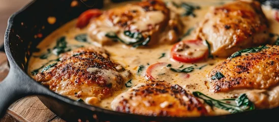 Fotobehang Close-up of Creamy Tuscan Chicken cooked in a cast iron pan. © TheWaterMeloonProjec