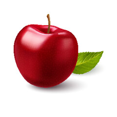 A minimalist and eye-catching illustration on white backdrop of a bright red apple with a stylized green leaf