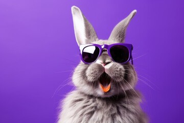 Happy Easter bunny with sunglasses on purple background.