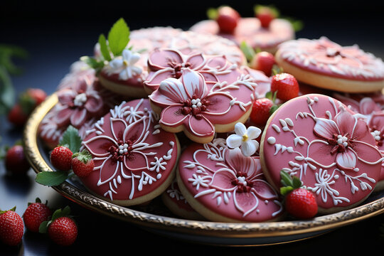 Pink cookies in fower shapes on table