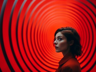 Woman in red lather standing in front of camera and looking at the hypnotized color wall