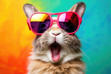 Happy Easter bunny with sunglasses on colorful background.