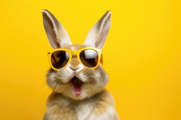 Cool Easter bunny with sunglasses in front of a yellow background wall. - obrazy, fototapety, plakaty