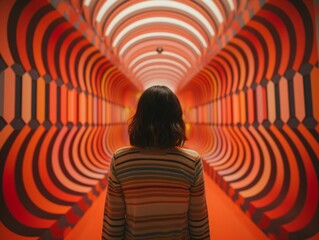 Silhouette of woman standing backword in front of camera and looking at the hypnotized color wall