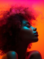 Side shot of afro woman shake her head in the style of smudged gradient map