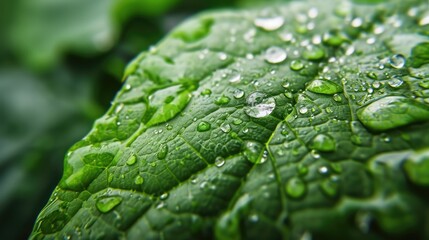 Close-up of a green leaf with water drops. Concept of eco-friendly, ecology and healthy environment