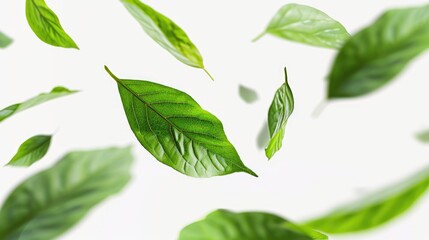 Fototapeta premium Green flying leaves isolated on white background. Fresh tea, air purifier, organic, vegan, eco or beauty product concept design banner