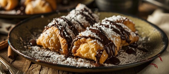 Winter holiday dessert from Spain and Mexico made with fried dough, cinnamon, powdered sugar, and...