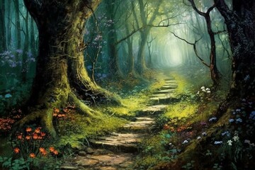 Enchanting woodland art with a mysterious path. Generative AI