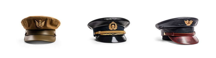 set collection of stylish military captain or high rank general police and classic cap hat in different colors and officer soldier style, isolated on white png transparent background - obrazy, fototapety, plakaty