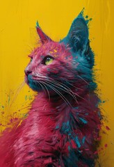 portrait of a cat painted in pink and blue. Generative AI