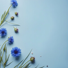 Several cornflowers on a blue background. Copy space for text banner. Design for congratulations.