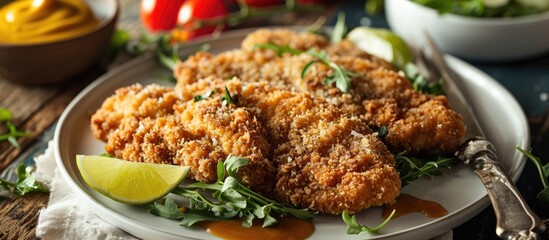 Fried chicken cutlets with breadcrumbs and parmesan cheese crust, served on a white plate with mustard and lime, in a close-up shot.