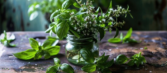 Basil bouquet for Orthodox Church baptism in Romania, in glass jar.