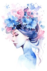 Pretty Woman with Floral Headpiece. Watercolor illustration in pastel pink blue colors. Lady with floral arrangement. Perfect for advertising campaigns, creative projects, postcards