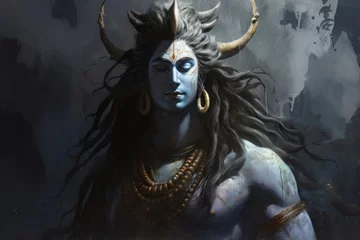 Tuinposter Digital fantasy illustration of a blue-skinned deity with horns and gold jewelry, suitable for fantasy or mythology themes. God Shiva. Hindu deity. © Jafree