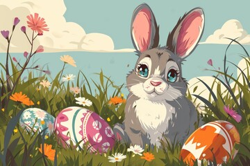 Grey bunny with decorated Easter eggs, surrounded by green grass and flowers under a clear sky. Ideal for Easter celebrations.