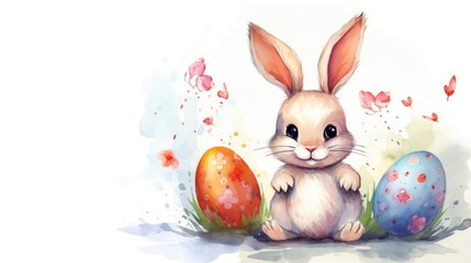 Watercolor cartoon cute bunny sitting with Easter eggs, on white background, with watercolor splashes and stains. Banner with copy space. Ideal for Easter greetings or childrens content.