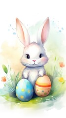 White Watercolor cartoon cute bunny with Easter eggs, on white background, with watercolor splashes and stains. Ideal for Easter greetings or childrens content. Vertical format