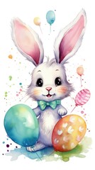 Obraz premium illustration of Watercolor cute bunny with Easter eggs, on white background, with watercolor splashes and stains. Ideal for Easter greetings or childrens content. Vertical format