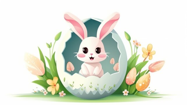 White Cartoon cute bunny sitting in Easter egg surrounded by green grass and flowers grass. On white background. Ideal for childrens books or Easter-themed content.