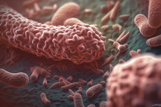 3D illustration of leprosy-causing Mycobacterium leprae bacteria. Generative AI
