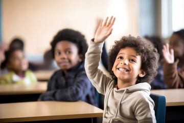 Fototapeta premium CHILD RAISING HAND IN CLASSROOM.