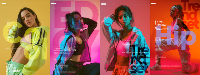 Typography poster design. Four women in sporty attire against dynamic, color-blocked backgrounds, each overlaid with large typographic design elements and promotional event details.